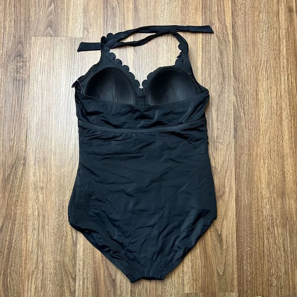 Swimsuits For All NWT One Piece Halter Scallop‎ V Neck Ruching Black Womens 14